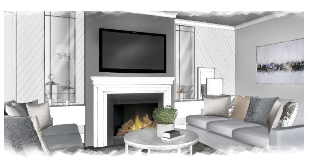 A 3D visual walkthrough showing what a client's new fireplace mantle and living room will look like